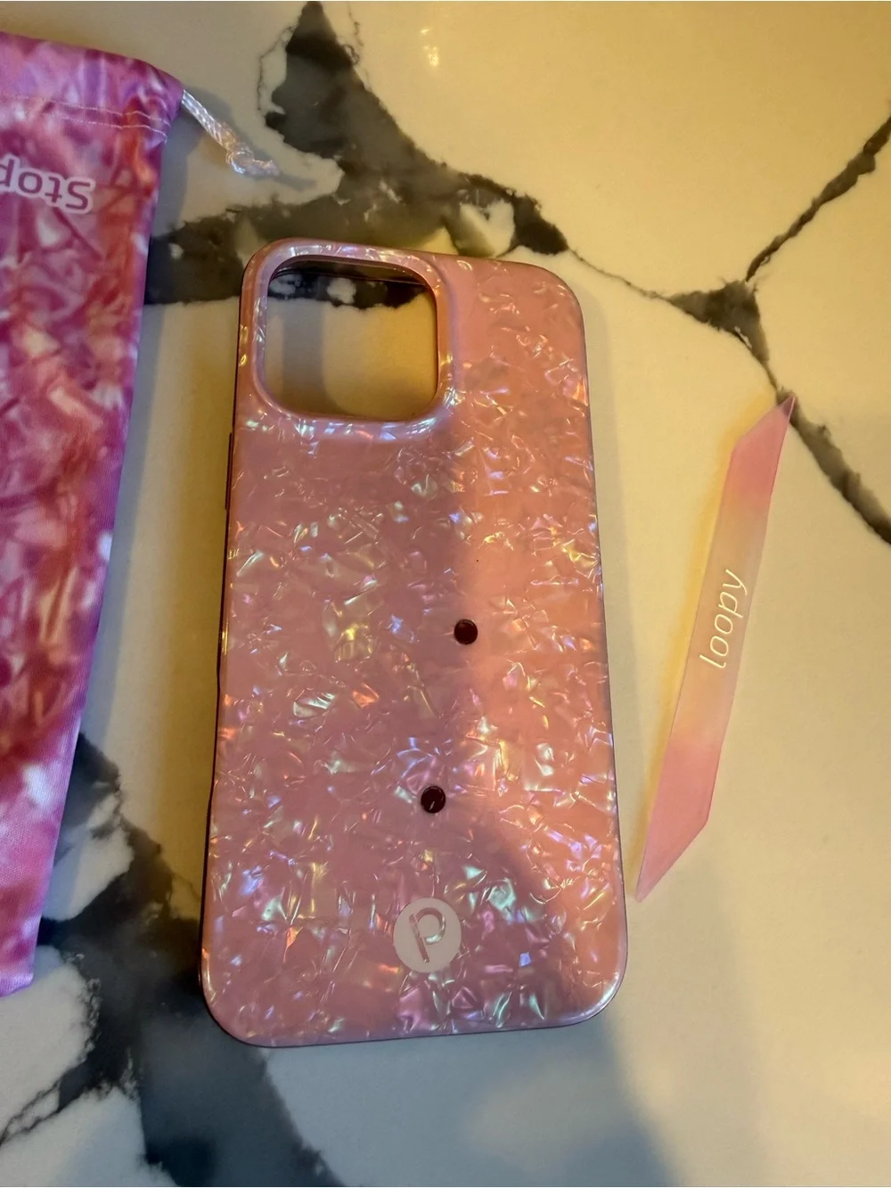 Loopy Case 16 Pro Max Pink Opal Shell Phone Case with pink Loop